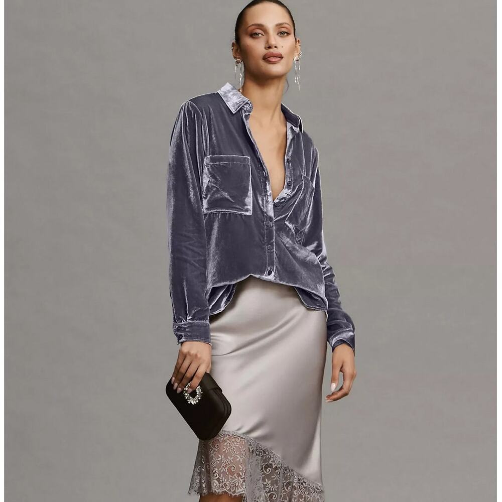 pilcro anthropologie hadley purple relaxed velvet buttondown shirt blouse - Picture 2 of 10